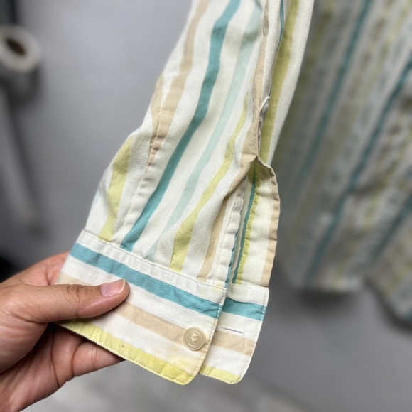 Charter club button front cotton blend light green tan white striped top - Picture 3 of 7